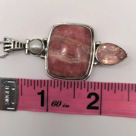 Rhodochrosite Pink Sterling Silver Pendant Necklace Rose Quartz & Pearl Accents - Picture 7 of 7